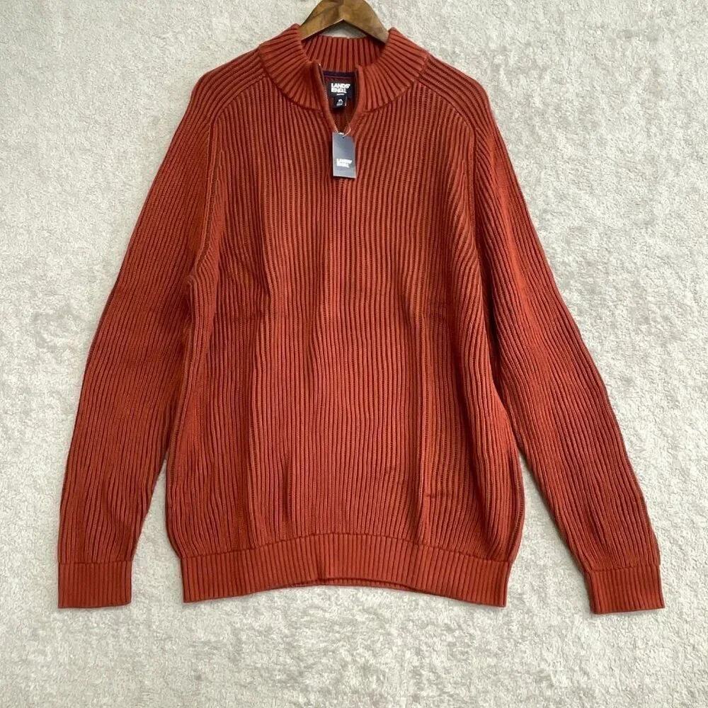 NEW Lands’ End Men’s XL Ribbed Knit Sweater Mock neck Red Rust 100% Cotton